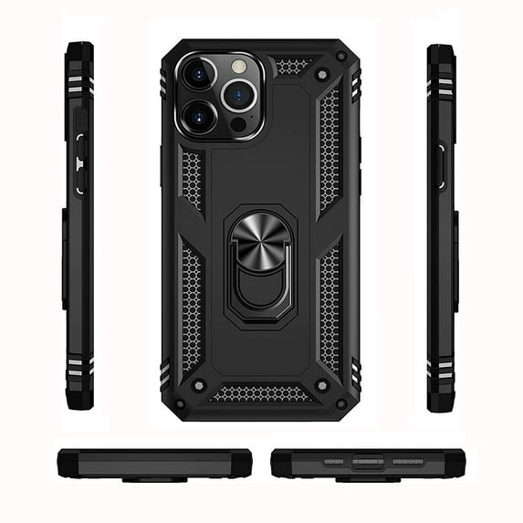 Protective Shockproof Phone Case For iPhone 15 Pro Max with Built-in 360° Rotate Ring Kickstand and Tempered Glass Screen, Black, 6.1" Screen