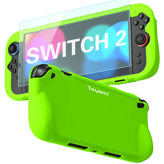 Protective Silicone Case Compatible with Nintendo Switch 2, Shockproof Cover for Nintendo Switch 2 with Tempered Glass Screen Protector,Ergonomic Grip Case for Switch 2,2 Game Card Slots (Green)