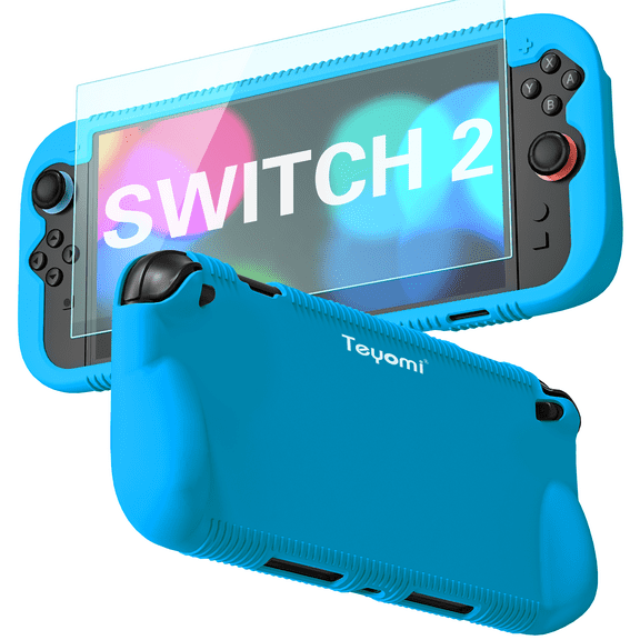 Protective Silicone Case Compatible with Nintendo Switch 2, Shockproof Cover for Nintendo Switch 2 with Tempered Glass Screen Protector,Ergonomic Grip Case for Switch 2,2 Game Card Slots (Blue)