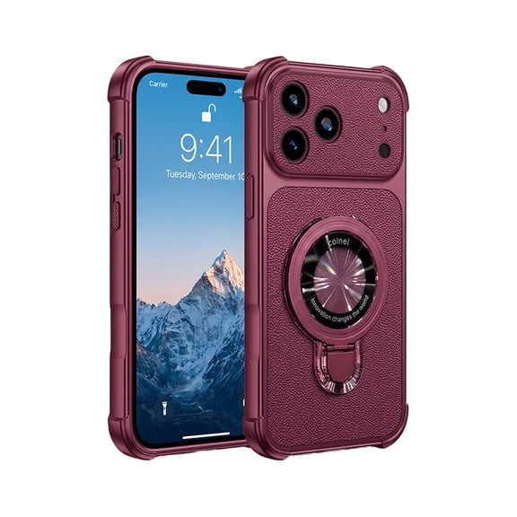 Protective Silicone Phone Case with Leather-Texture Metallic Finish and Foldable Kickstand for iPhone Pro Series