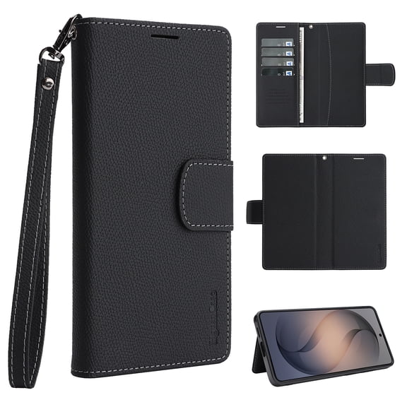 Protective Wallet Case for Samsung Galaxy A07, Classic PU Leather + TPU Magnetic Detachable Cover with Card Slots Cash Pocket Kickstand RFID Blocking Wrist Strap, Black