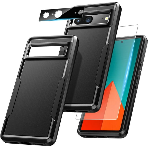 Protective case for Google Pixel 7 [3 in 1] Dual Layer  Grade Case with 1x Tempered Glass Screen Protector & 1x Camera Lens Protector Heavy Duty Full Body Pixel 7 Cover (Black)