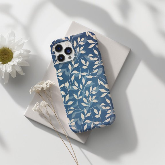 Protective iPhone Case Abstract Blue Pattern White Leaf Botanical Minimal Foliage Outline Cover IP15 Magnetic MagSafe Compatible