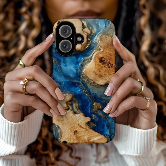 Protective iPhone Case Abstract Wood Blue Resin Print Nature Lover Art Tough Cover IP13/14 Magnetic MagSafe Compatible