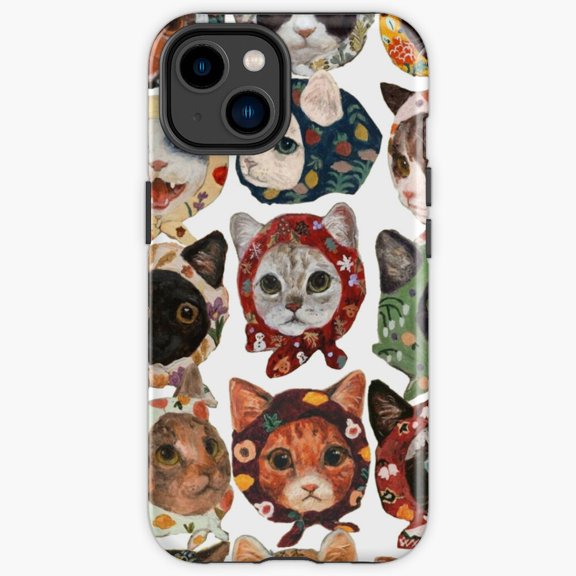 Protective iPhone Case Aesthetic Babushka Cat Tiled Pattern Retro Kitten Scarf Grid Phone Case IP13/14 Magnetic MagSafe Compatible