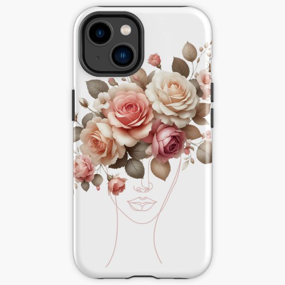 Protective iPhone Case Aesthetic Womans Face And Roses Continuous Line Art Heavy Duty Shockproof Hard Shell IP13/14 Magnetic MagSafe Compatible