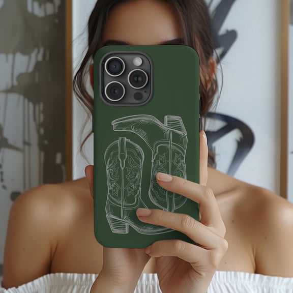 Protective iPhone Case Alpine Green Western Phone Case Cowboy Boots Country Vintage Style IP15 Magnetic MagSafe Compatible
