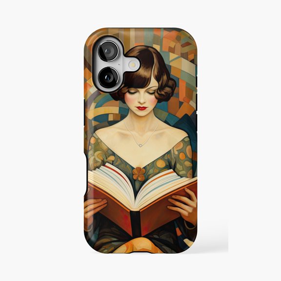 Protective iPhone Case Art Deco Amber Lady With A Book Vintage Design Phone Case IP15 Magnetic MagSafe Compatible