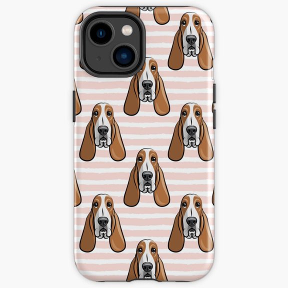 Protective iPhone Case Basset Hound Pink Stripes Retro Pastel Geometric Background Shield IP15 Magnetic MagSafe Compatible