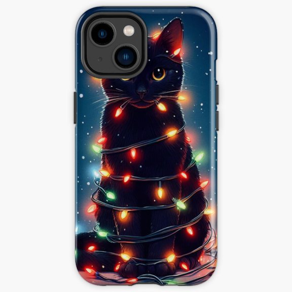Protective iPhone Case Beautiful Black Cat Covered In Winter Lights Tough Mobile Shield IP13/14 Magnetic MagSafe Compatible