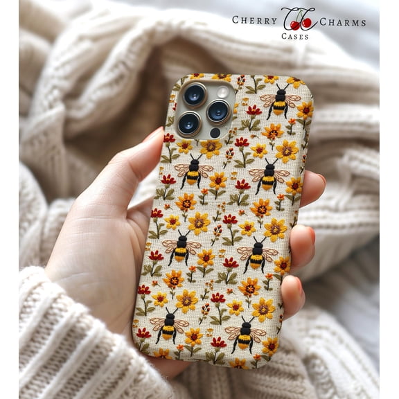 Protective iPhone Case Bee Flower Faux Cell Phone Case Bee Floral Cover Aesthetic Case Cover IP15 Magnetic MagSafe Compatible