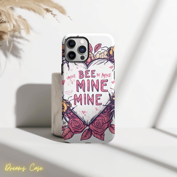 Protective iPhone Case Bee Mine Valentine Phone Case Bumblebee Heart Design Accent IP15 Magnetic MagSafe Compatible