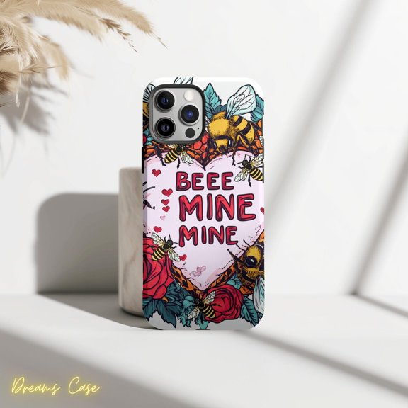Protective iPhone Case Bee Mine Valentine Phone Case Cute Bumblebee Heart Design IP16 Magnetic MagSafe Compatible