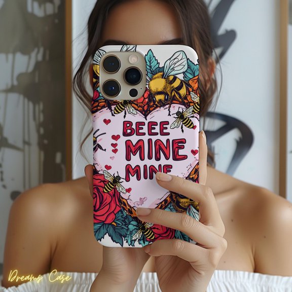 Protective iPhone Case Bee Mine Valentine Phone Case Cute Bumblebee and Rose Design IP13/14 Magnetic MagSafe Compatible
