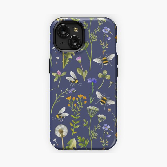 Protective iPhone Case Bees and Wildflowers Phone Case Dark Blue Pattern IP13/14 Magnetic MagSafe Compatible