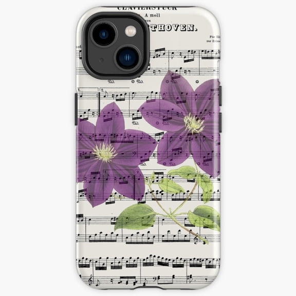 Protective iPhone Case Beethoven Fur Elise Sheet Music Purple Flowers Overlay Heavy Duty Shockproof Hard Shell IP13/14 Magnetic MagSafe Compatible