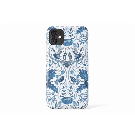 Protective iPhone Case Birds In A Thicket Woodland Damask Blue Botanical Avian Cover IP16 Magnetic MagSafe Compatible