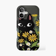 Protective iPhone Case Black Cat Flowers Floral Design Phone Case IP13/14 Magnetic MagSafe Compatible