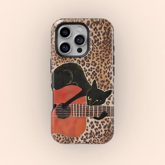 Protective iPhone Case Black Cat Guitar Leopard Collage Rocker Feline Music Band Cover IP15 Magnetic MagSafe Compatible