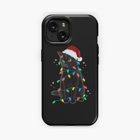 Protective iPhone Case Black Cat Tangled In Tree Lights Festive Phone Case Bad Garland Mess Cover IP13/14 Magnetic MagSafe Compatible
