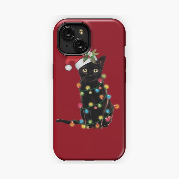 Protective iPhone Case Black Cat Tangled In Winter Tree Lights Phone Case Mischievous Chaos Shield IP13/14 Magnetic MagSafe Compatible