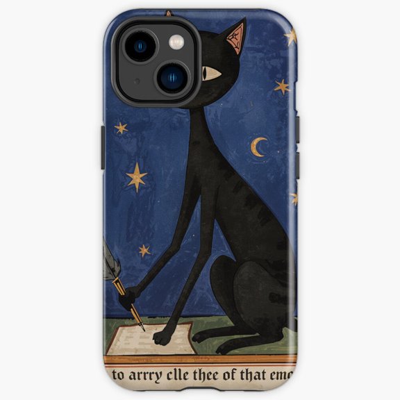 Protective iPhone Case Black Cat Writing Quill Medieval Art Renaissance Manuscript Cover IP13/14 Magnetic MagSafe Compatible
