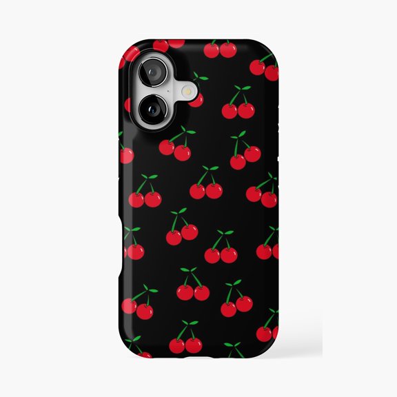 Protective iPhone Case Black Cherry Pattern Design Phone Case IP15 Magnetic MagSafe Compatible