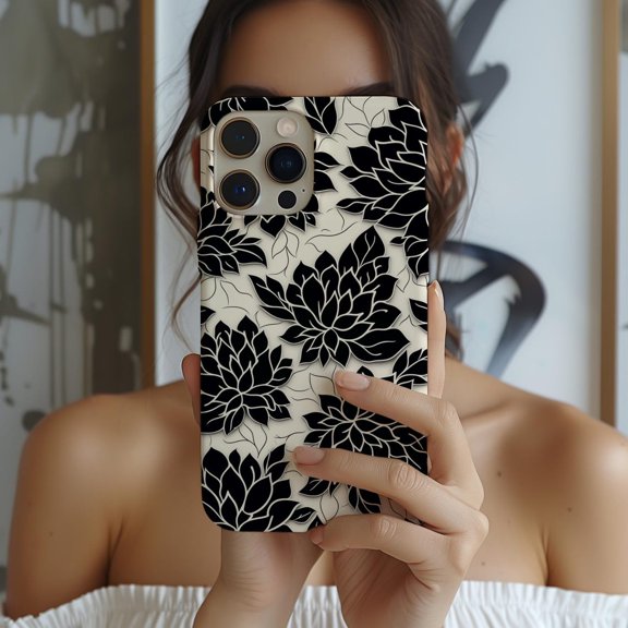 Protective iPhone Case Black Flower Off White Floral Design Protective Cover Minimalist Shield IP13/14 Magnetic MagSafe Compatible