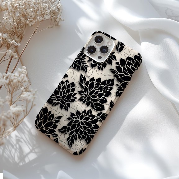 Protective iPhone Case Black Flower Off White Floral Design Protective Cover Minimalist Shield Variant IP15 Magnetic MagSafe Compatible