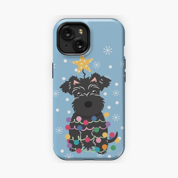 Protective iPhone Case Black Miniature Schnauzer Tree Artwork Phone Case Wirehaired Dog Under Pine Cover IP16 Magnetic MagSafe Compatible