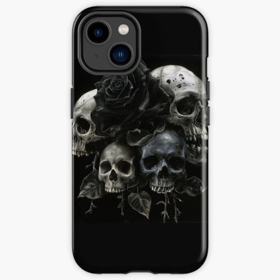 Protective iPhone Case Black Rose Requiem Skulls In Bloom Gothic Cemetery Heavy Duty Shockproof Hard Shell IP13/14 Magnetic MagSafe Compatible