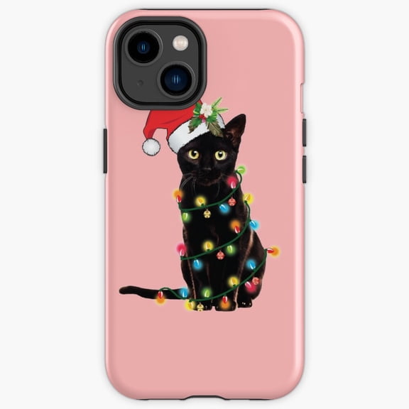 Protective iPhone Case Black Santa Cat Tangled Up In Lights Winter Tough Mobile Shield IP13/14 Magnetic MagSafe Compatible