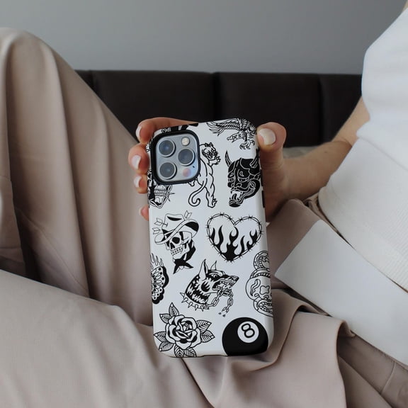 Protective iPhone Case Black White Old School Traditional Flash Sheet Pattern Cover IP 14ProMax Magnetic MagSafe Compatible