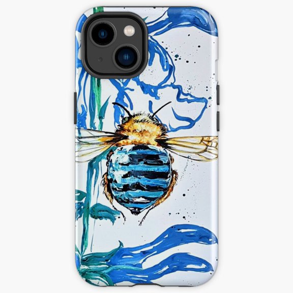 Protective iPhone Case Blue Banded Bee In Blue Salvia Ink Art Heavy Duty Shockproof Hard Shell IP13/14 Magnetic MagSafe Compatible
