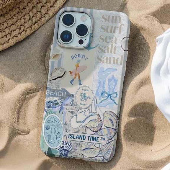 Protective iPhone Case Blue Coastal Collage Phone Case Nautical Beachy Summer Theme IP15 Magnetic MagSafe Compatible