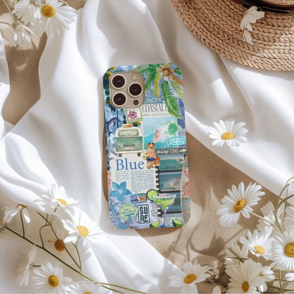 Protective iPhone Case Blue Coquette Surf Collage Phone Case Girly Beach Aesthetic Coconut Girl IP16 Magnetic MagSafe Compatible