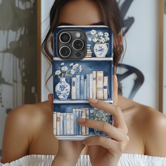 Protective iPhone Case Blue Floral Bookshelf Phone Case Chinoiserie Academia Style IP13/14 Magnetic MagSafe Compatible
