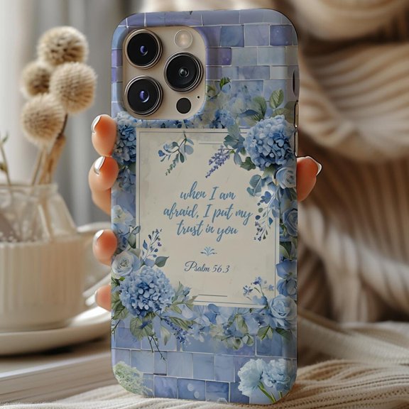 Protective iPhone Case Blue Floral Psalm Fifty Six Three Bible Verse Phone Case Christian Art IP13/14 Magnetic MagSafe Compatible