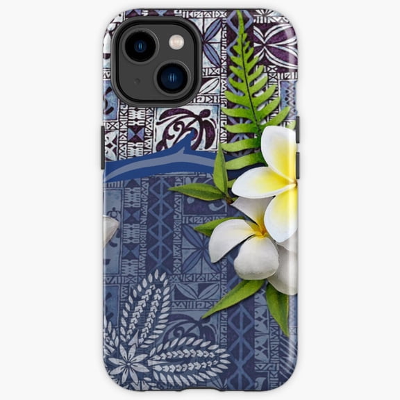 Protective iPhone Case Blue Hawaiian Tapa And Plumeria Tropical Frangipani Heavy Duty Shockproof Hard Shell IP13/14 Magnetic MagSafe Compatible