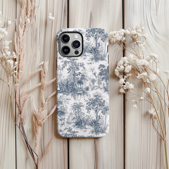 Protective iPhone Case Blue Jungle Toile Protective Cell Phone Case Animal Print Cover IP15 Magnetic MagSafe Compatible
