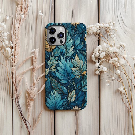 Protective iPhone Case Blue Leaf Print Protective Cell Phone Case Aesthetic Botanical Artistic Design Cover IP13/14 Magnetic MagSafe Compatible