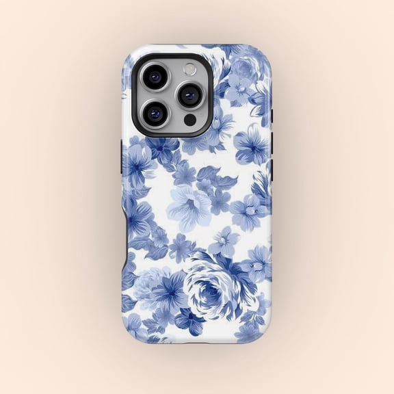 Protective iPhone Case Blue Minimalist Floral Azure Dainty Botanical Branch Outline Shield IP13/14 Magnetic MagSafe Compatible