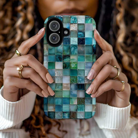 Protective iPhone Case Blue Mosaic Print Phone Case Tile Elegant Colorful Boho Design Cover Polycarbonate Cover Card Slot IP13/14 Magnetic MagSafe Compatible