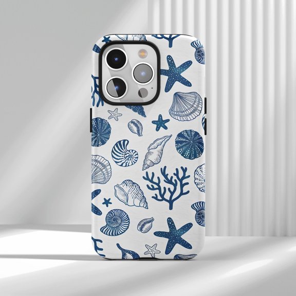 Protective iPhone Case Blue Nautical Coastal Beach Starfish And Seass Protective Style 2 IP15 Magnetic MagSafe Compatible