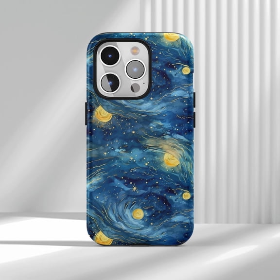 Protective iPhone Case Blue Night Moon Cell Phone Case Starry Sky Swirl Cases Stars Cover IP13/14 Magnetic MagSafe Compatible