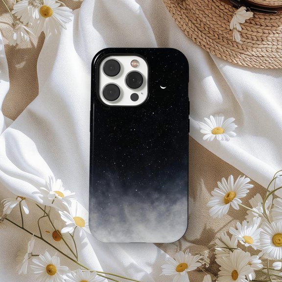 Protective iPhone Case Blue Night Moon Phone Case Stars And Clouds Minimal Crescent Moon Design IP13/14 Magnetic MagSafe Compatible