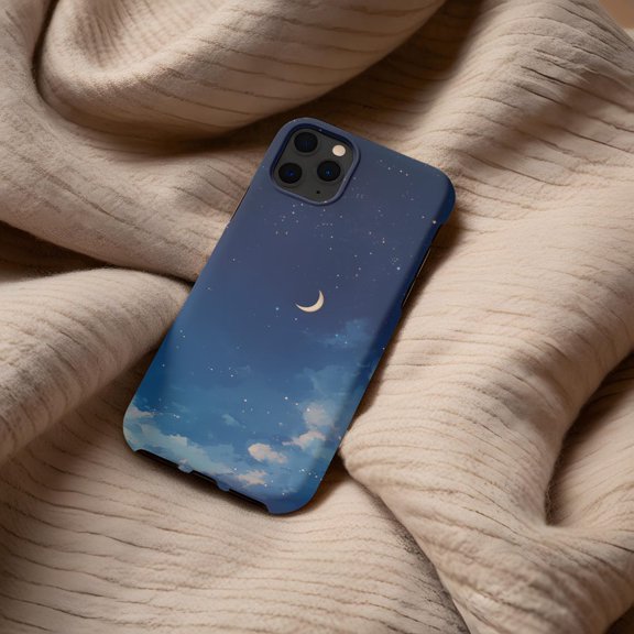 Protective iPhone Case Blue Sky Moon Phone Case Clouds Half Moon Design IP13/14 Magnetic MagSafe Compatible
