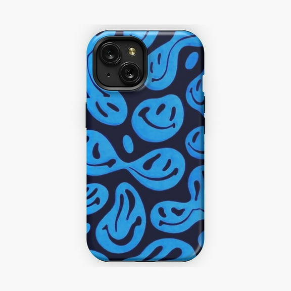 Protective iPhone Case Blue Smiley Face Pattern Phone Case Layout IP16 Magnetic MagSafe Compatible