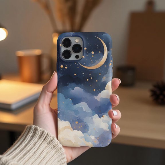 Protective iPhone Case Blue Stars Moon Phone Case Cloud Design IP13/14 Magnetic MagSafe Compatible