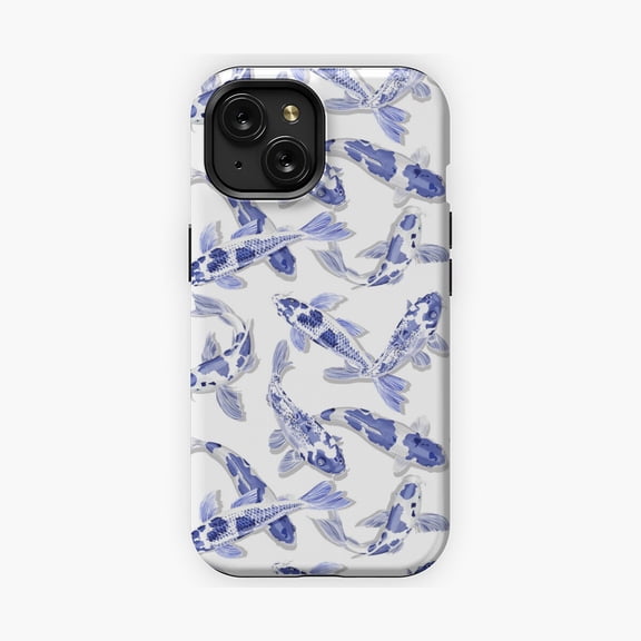 Protective iPhone Case Blue White Koi Fish Zen Phone Case IP14 Pro Magnetic MagSafe Compatible